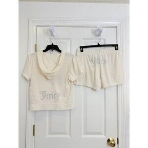 Juicy Couture Oyster Terry Cloth Short Sleeve Hoodie and Shorts Set Medium